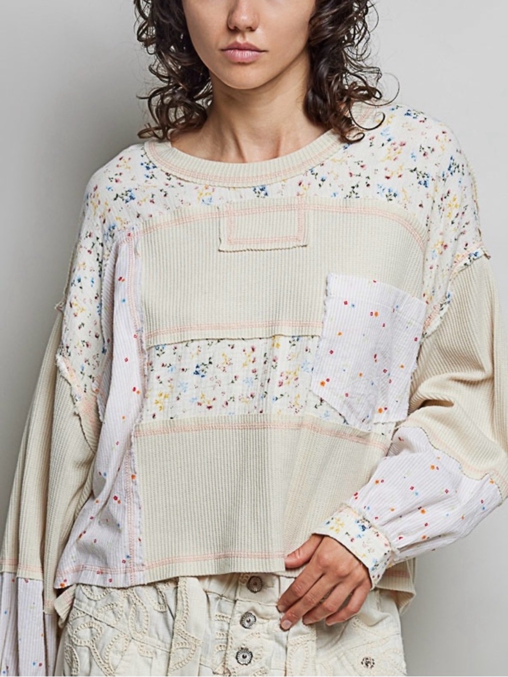 POL 🆕 Cream Patchwork Speckled Long-Sleeve Top